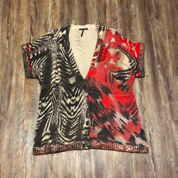 Luisa Cerano Sweater Women's 14 Cardigan Abstract V Neck Button Front Sequence - Picture 1 of 7